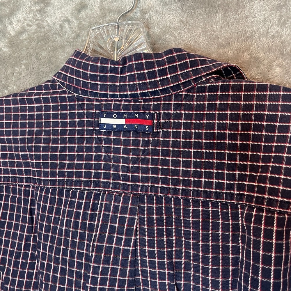 Vtg Tommy Jean Men Preppy Casual Plaid Embroidered Logo Spellout Button Shirt S - Picture 7 of 12